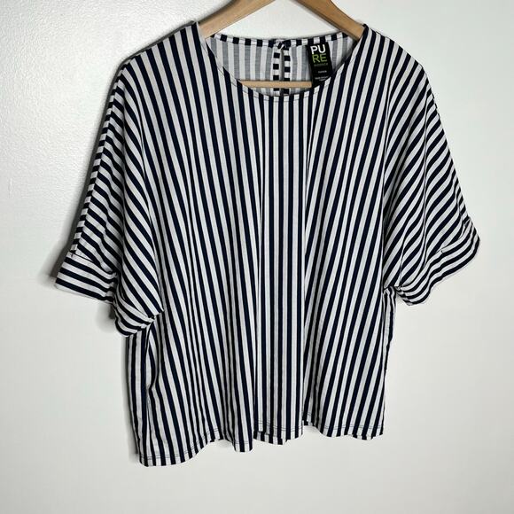 Pure Essence Short Sleeve Top Womens Medium Navy White Stripe Boxy Casual - Picture 2 of 10